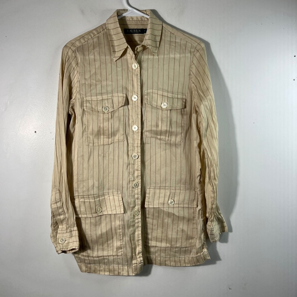 Lauren Ralph Lauren‎ Linen Silk Cotton Striped Safari Utility Shirt 6 No Belt